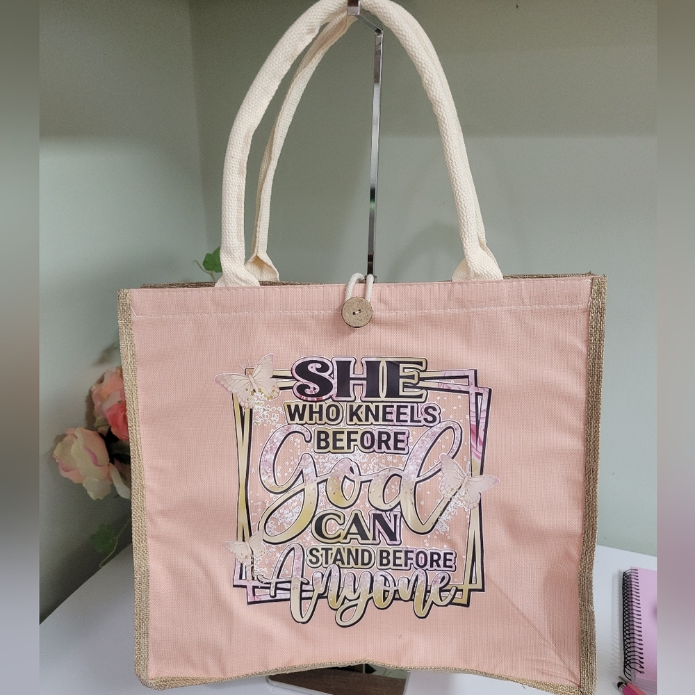 NWT HANDMADE Jute Bag with print.  SHE WHO KNEELS B4 GOD CAN STAND B4 ANYONE.